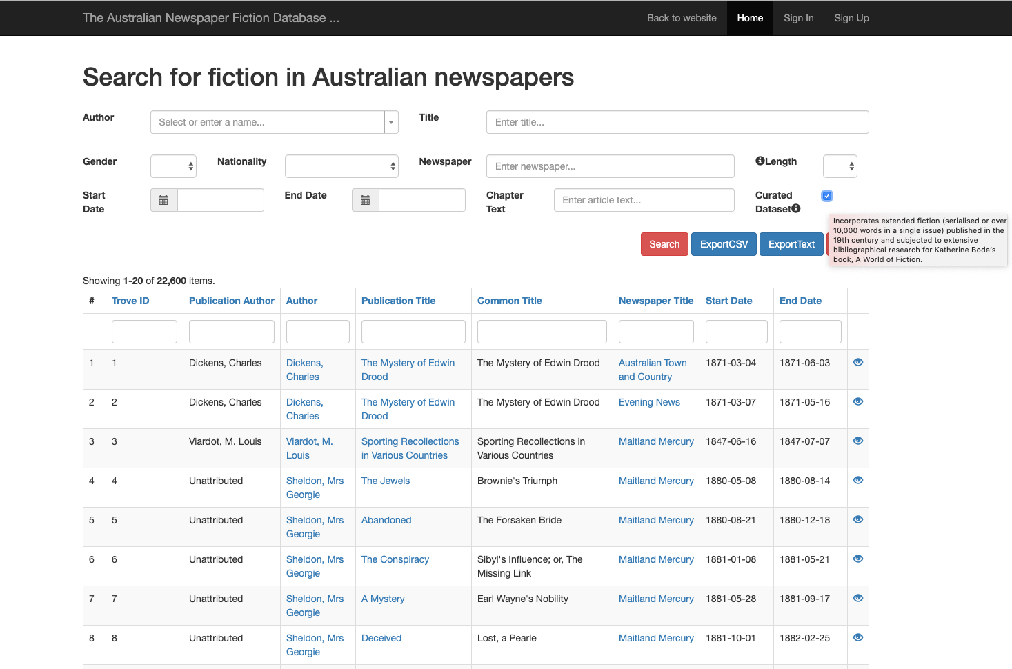 Screenshot of a database which users can use to search through an archive of Australian newspapers. The dataset contains 22,600 items.