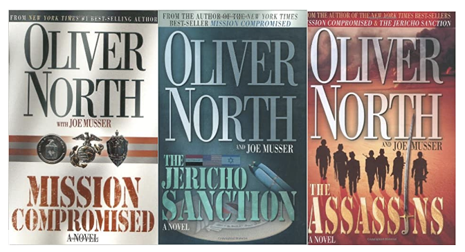 Three book covers respectively show military insignia, the flags of Iraq, Israel, and the U.S., and soldiers in silhouette.