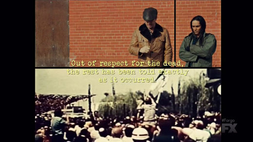 An image horizontally bisected by a black line. The top half shows two men standing in front of a brick wall. The bottom half shows archive footage of a protest. Yellow text reads: