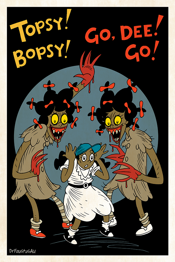 A drawing in a cartoon style depicts Dee under attack from Topsy and Bopsy. A caption above them reads