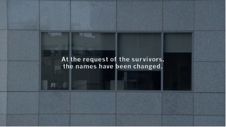 An even closer shot, framing a single window of the office building. Text reads: