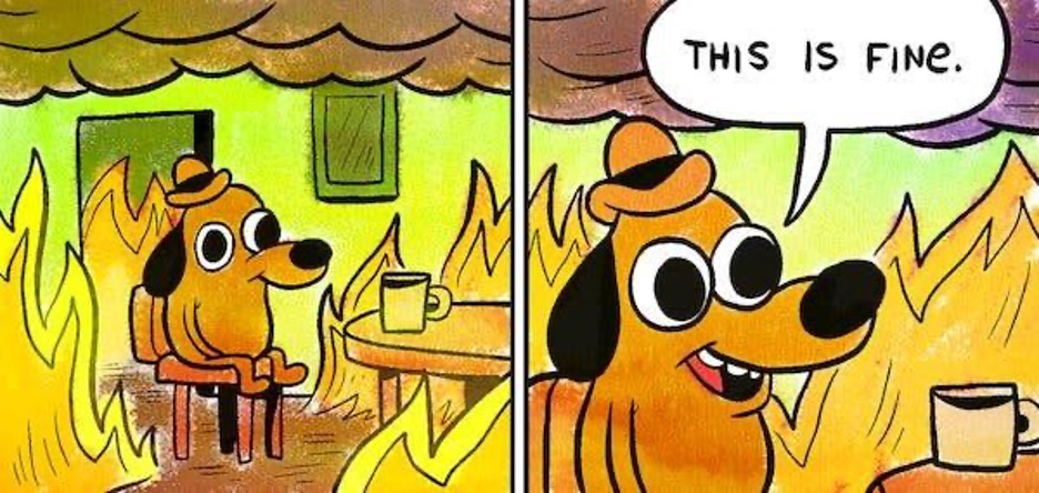 [Alt-Text: Two-panel comic strip that shows a dog in a bowler hat, sitting on a chair with a cup of coffee while the whole room is on fire. The dog says: