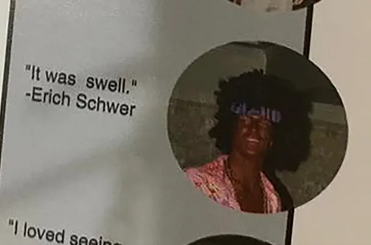 Alt text: Bachelorette star Erich Schwer pictured in blackface and a wig resembling an afro with a direct quote from him,
