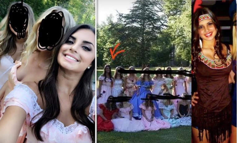 Alt text: Rachael Kirkconnell posing in Antebellum garb in a selfie with two friends (left), in a group picture surrounded by other girls in Antebellum dresses (middle), and in a Halloween costume as a Native American woman (right).